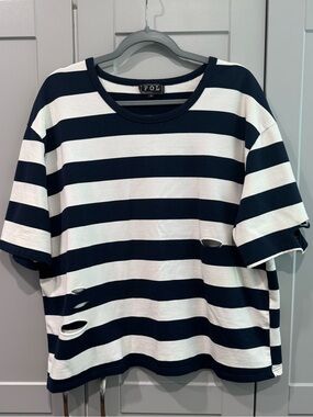 POL Oversized French Terry Navy and White Striped Tee w/Purposeful Distressing